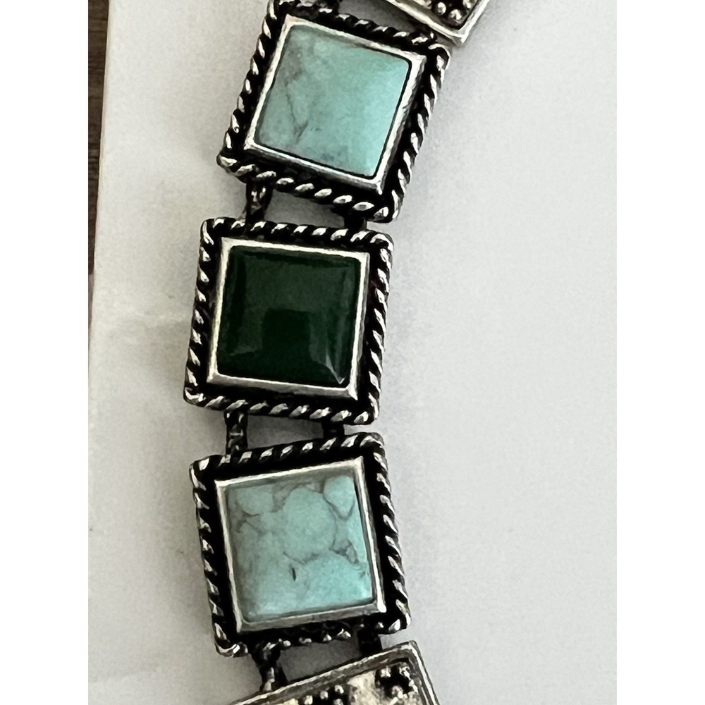 Ornate Lucky Brand VTG Green Turquoise Flower Cabochon Bracelet Silver Tone Boho - Picture 9 of 14